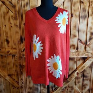 Laurie Felt Womens Cashmere Blend Sweater Red with white daisies Size xs